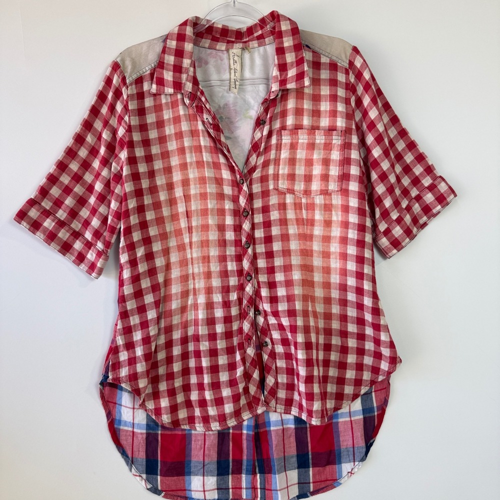 Aratta Silent Journey Button Down Women M Red Gingham Floral Embroidered Back - Picture 2 of 16